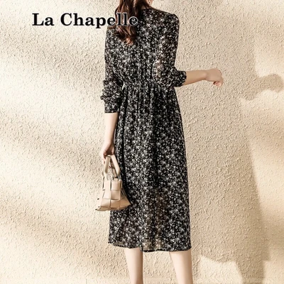 ラシャペルブランドフローラルシフォンワンピース21年初秋ニュージェントルフレンチレトロミドル丈ベルフラワー