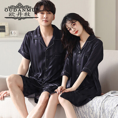 Oudanmuブランド2セット価格カップルパジャマ夏半袖薄メンズホームサービススーツシルクネグリジェlsカップル女性xxl 男性3xl