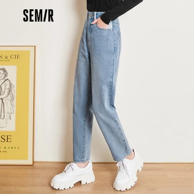 セミアジーンズレディースルーズパーソナリティ21初秋生エッジコントラストカラーデザイン センスペンシルパンツレターパンツデニムライトブルー32