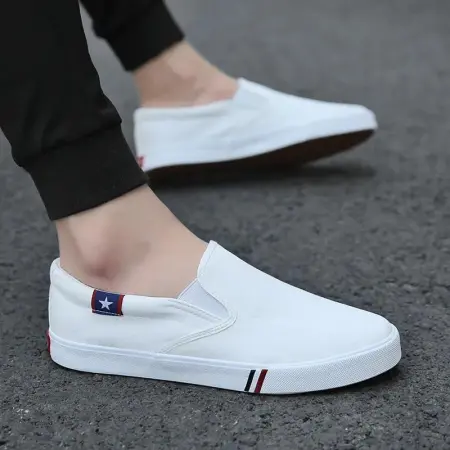 Men's flat shoes without laces driving shoes spring trendy shoes men's breathable old Beijing canvas shoes men's all black lazy all-match small white shoes Korean cloth shoes 190 white size 39 [men's models]