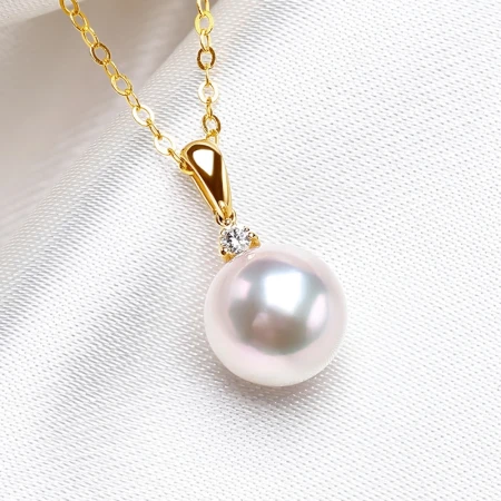 Pearl Queen 18K Gold Inlaid Real Diamond Pearl Pendant Single 9-10mm Perfect Round Glare Seawater Akoya Pearl Necklace Female