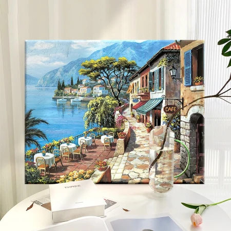 Best home digital oil painting diy landscape flower hand-painted oil painting coloring living room decorative painting children's hand-painted animation hanging painting coast cafe 50*40cm stretched solid wood inner frame set