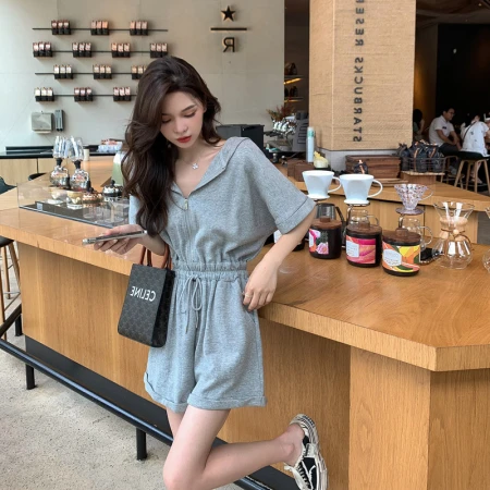Light eyes support domestic products small casual sports one-piece wide-leg shorts suit women's summer new net red foreign style fried street jumpsuit gray S