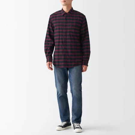 Muji MUJI men's flannel long-sleeved shirt ACB80C2A long-sleeved casual shirt dark red plaid L