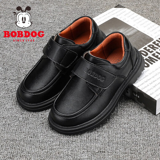 BOBDOG children's shoes, boys' soft-soled black leather shoes, autumn new versatile breathable children's shoes, black 26, suitable for feet 16.2cm long