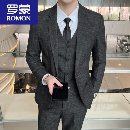 ROMON Men's Suit Korean Style Plaid Formal Casual Groom Wedding Suit Jacket Slim Groomsman Dress Blue Single Piece Suit Jacket with Tie M