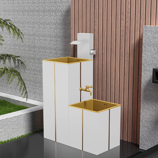 Stainless steel pedestal wash basin outdoor wash basin courtyard floor-standing pedestal basin home balcony outdoor pool white waterfall faucet pedestal basin (platinum)