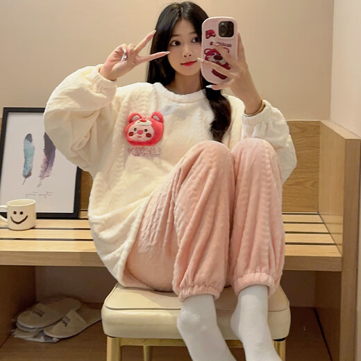 
Xuanfanduo pajamas for women in winter, coral velvet thickened plush long sleeve cute loose flannel home clothing set for outside 679# M 75-100Jin [Jin equals 0.5 kg]