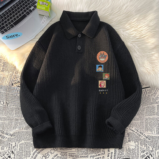 POUM Black Cartoon Polo Lapel Sweater Men's Autumn and Winter Trendy Brand Sweater Jacket Casual Lazy Sweater TXS-M375 Black XL