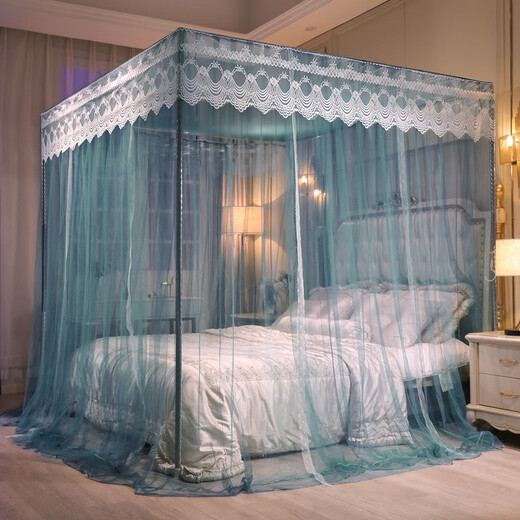 Antarctic man mosquito net three-door stainless steel bracket floor-standing heightened encrypted tent yarn palace square top princess style European mosquito net colorful - sea blue 1.5*2.0 meters bed