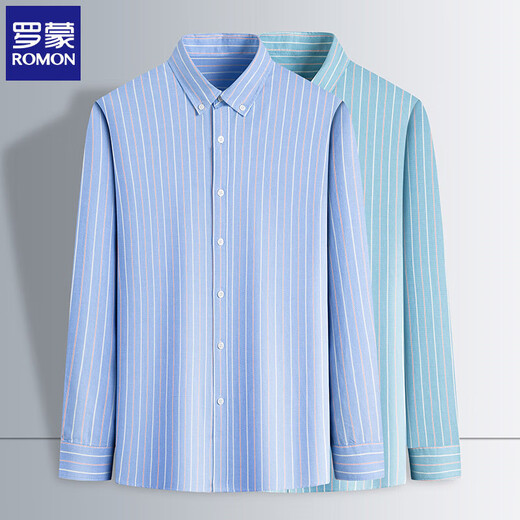 ROMON long-sleeved shirt men business casual middle-aged striped men pure cotton shirt no iron men's top 9203 blue color strip L