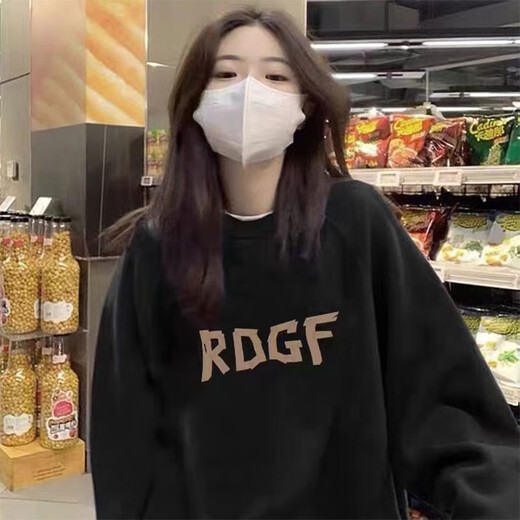 Feili Mushang autumn and winter oversize deerskin round neck pullover sweatshirt for women falling shoulders lazy style long-sleeved top coat women D1429 black [regular style] M