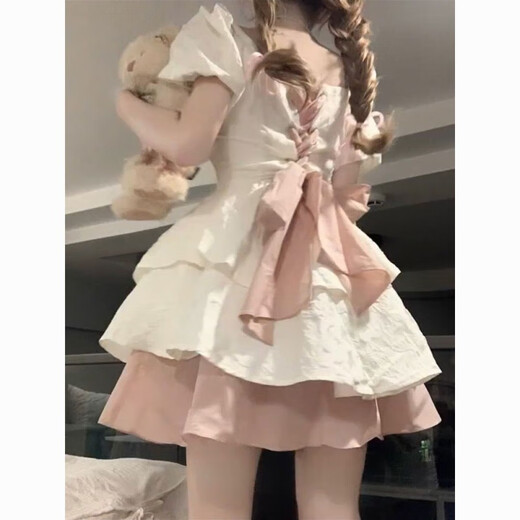 MENGYILAN Children's Clothing 2026 New Girls' Summer Skirt Medium and Big Children's Puff Sleeve Internet Celebrity Waist Bow Puff Dress Main Picture Color 160 Recommended height is about 150cm