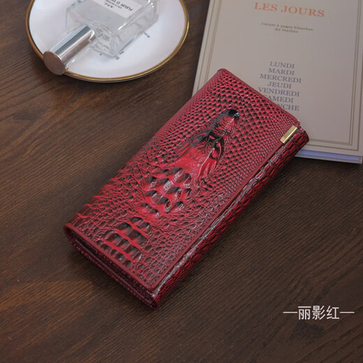 酷奇袋鼠（KUQIDAISHU）钱包女长款新款潮欧美时尚大容量多功能鳄鱼纹女士钱夹手拿包 丽影红