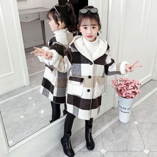 Ainolun Children's Coat Women's Winter Girls' Woolen Coat Autumn and Winter Long Large Children's Clothing Girls' Thickened Woolen Winter Clothes Large Plaid Velvet Thickened Coat (Picture Color) 150 150 Recommended height 140CM