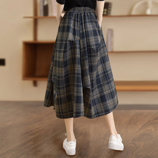 Cypress Plaid Skirt 2025 Autumn New Women's Pocket Elastic High Waist Mid-Length A-Line Skirt
