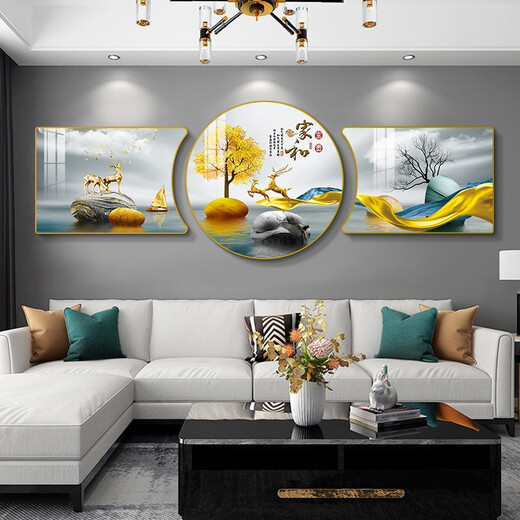 Lamp Keeper Sofa Background Wall Decoration Painting Flowing Water Produces Wealth New Chinese Living Room Decoration Painting Atmospheric Landscape Painting Background Wall Tea Room Ink Zen Triptych Hanging Painting Good as Good as Water Left and Right 60*80 Round 80CM Flat Crystal Porcelain + PVC Black Frame
