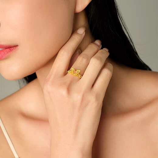 Mengjinyuan gold ring, ancient filigree butterfly pure gold enamel ring, three gold wedding, about 3.48g (live ring)