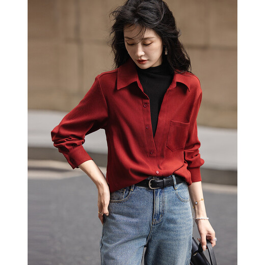Demana Commuting Layer Tool Spring and Autumn Retro 150D Brushed Shirt Lapel Long Sleeve Shirt Women's Top