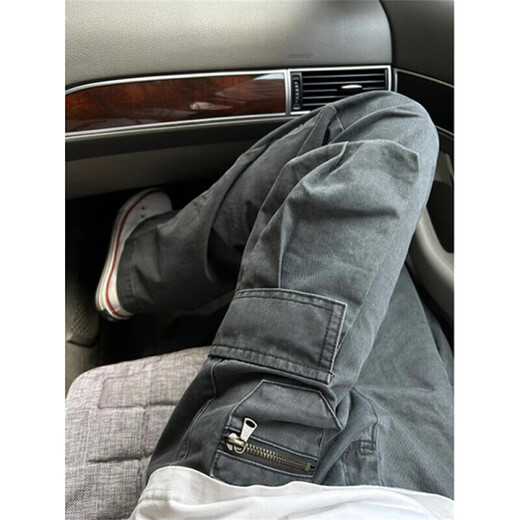 Dingyuan jeans men's spring and autumn new American high street vibe workwear multi-pocket loose straight casual long pants for men dark gray XL recommended 120-140Jin Jin equals 0.5 kg