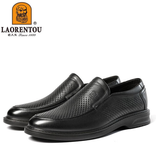 老人头（LAORENTOU）男皮鞋夏季镂空休闲鞋头层牛皮套脚鞋透气打孔鞋 LL12027 黑 43 