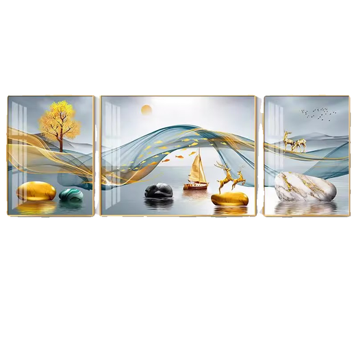 三栖虎定制适用轻奢客厅装饰画沙发背景墙壁画福禄山水三联画大气的 hj-3893-一帆风顺 适合3.3米-4.2米沙发两边60G