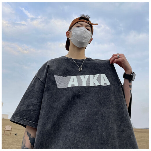
Jinrenchu ​​heavyweight T-shirt men's summer washing retro 280g pure cotton short-sleeved top American trendy loose large size T-shirt t693 washing black M (90-105Jin[Jin equals 0.5 kg])