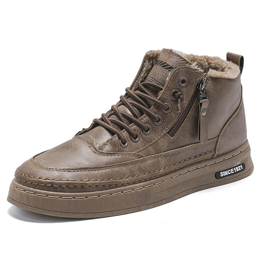 Woodpecker winter plus fleece Martin boots men's high top shoes men's trendy versatile leather shoes casual thick sole board shoes warm cotton shoes M929 khaki plus fleece 41