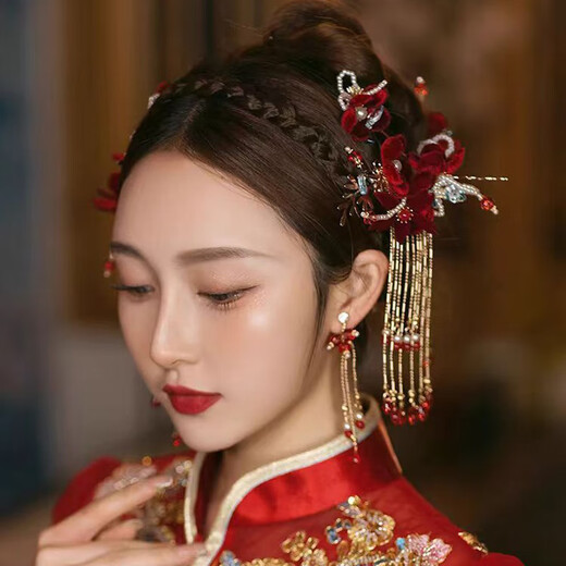 Jingli Jingda Xiuhe tiara female bride toasting attire Chinese ancient costume hair accessories red simple and elegant wedding high-end accessories red Xiuhe suit-ear clip style