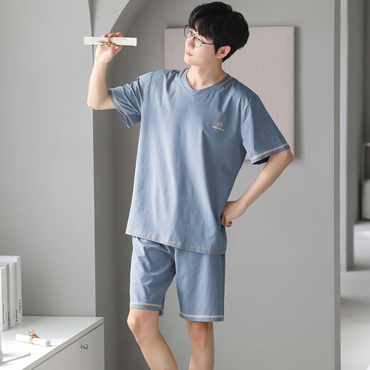 Langsha men's pajamas ice silk modal touch can be worn outside summer V-neck simple casual home clothing set 3518 L