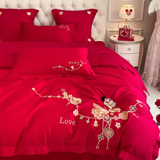 Antarctic wedding four-piece set of grinding tribute satin thickened big red wedding dowry Chinese wedding quilt full set, romantic 1.5-1.8 meters bed four-piece set (quilt cover 200*230)
