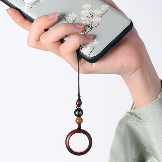 Wuzangtang | Porte-clés pendentif de téléphone portable simple de style ancien, court, en cuivre pur, boucle d'anneau en bois de santal, lanière anti-perte, anneau en bois de rose