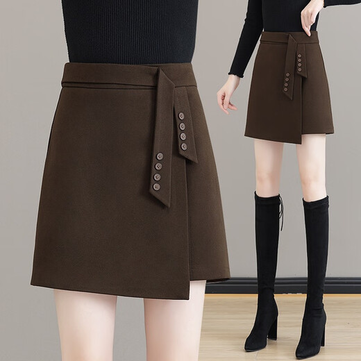 Mu Rong Irregular Woolen Skirt Women's Autumn and Winter 2025 New High-waisted Slim A-Line Skirt Slit Woolen Hip-covering Short Skirt Brown L (Recommended 100-110 Jin Jin equals 0.5 kg)