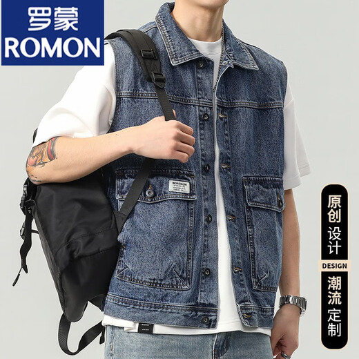 罗蒙（ROMON）2024牛仔马甲男无袖坎肩夹克男士春秋季潮流宽松百搭工装外套 9215蓝色 +9216蓝色 S