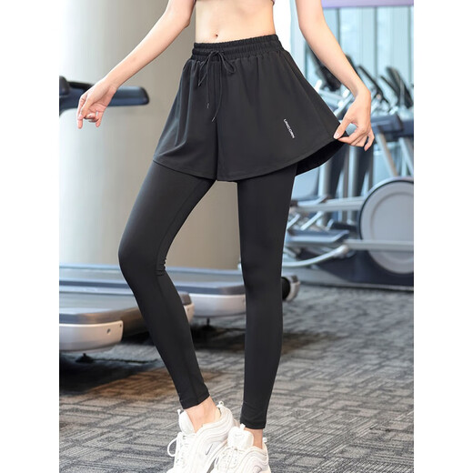 KEJIMITAO plus size yoga pants women's fake two-piece running quick-drying fitness pants nine-point fat mm training pants autumn black M (recommended 80-100Jin Jin equals 0.5 kg)