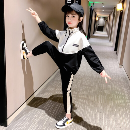 Yuansu Shiguang Girls and Children's Clothing Spring and Autumn Sports and Casual Suits Sweaters and Pants Two-piece Set Little Girls Medium and Large Children's Clothes Black 160 Size Suitable for Children Height 150-155cm