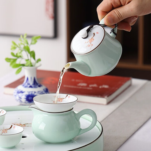 Only ancient Chaoshan Kung Fu tea set, household small set, celadon tea tray, teapot, covered bowl, teacup, ceramic tea boat, office tea sea, teapot, ceramic tea tray, 10-piece set (ordinary packaging)