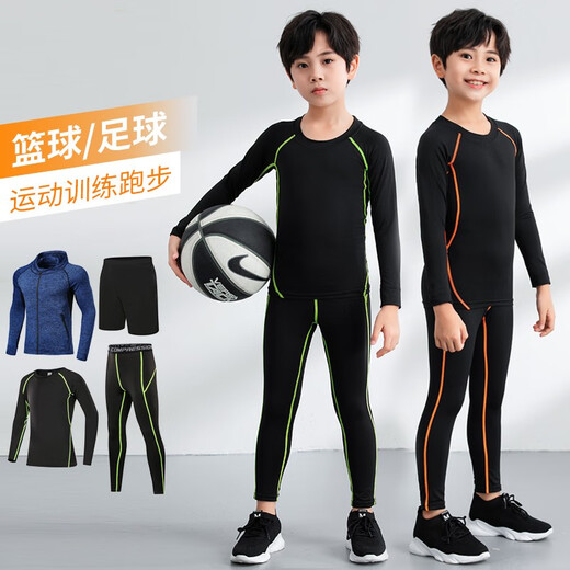 Decca children's tights training clothes quick-drying clothing boys and girls autumn and winter basketball football base clothing sports fitness clothing set plus velvet - black jacket + black line 4-piece set XL size recommended 175-180 high 140-160 Jin Jin equals 0.5 kg