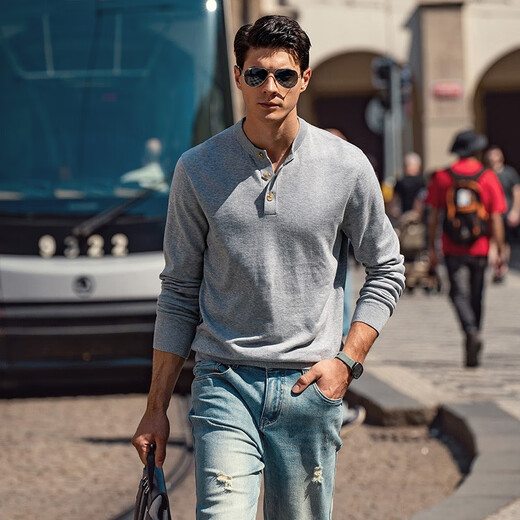 Mr. Bu Henry collar pure cotton sweater long-sleeved men's spring and autumn new three-button men's retro casual BT12255 light gray M (170)