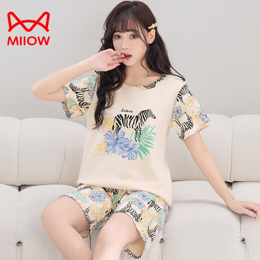 猫人（MiiOW）夏天女生纯·棉短袖睡衣甜美可爱初中生高中生大童女童家居服外穿 Q短1392格笑脸女 M码【70-90斤】
