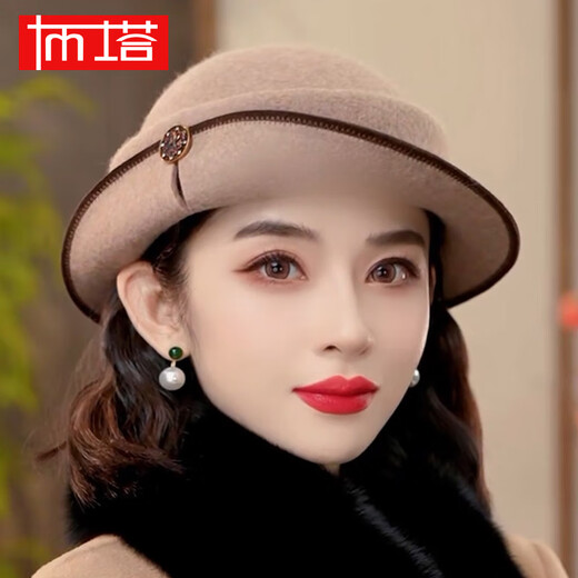 PTAH Hat Women's Autumn and Winter British Style Top Hat Warm Wool Felt Top Hat Versatile Fashion Retro Mixed Camel