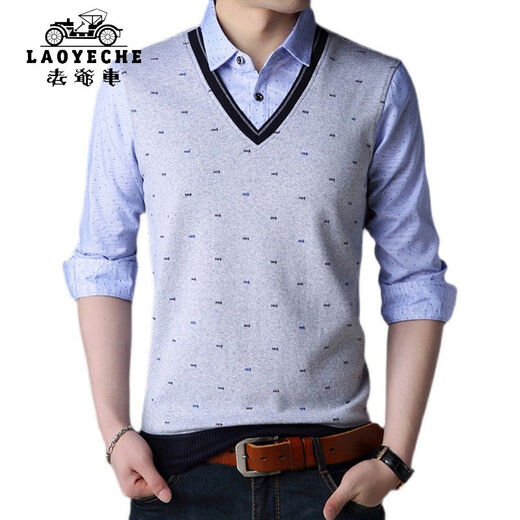 Classic Car (Laoyeche) High-End-Herren-T-Shirt mit falschem zweiteiligen Langarm Jugend-Basishemd Korean Slim Strick-Modetrendmodell 3878 Blau M 165