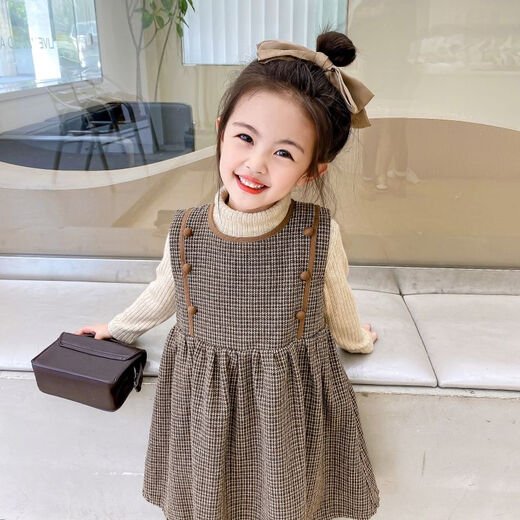 G.duck2025 New Children's Clothing Autumn and Winter Girls' Velvet Plaid Suspender Skirt Female Baby Western-style Tank Top Skirt Children's Skirt Skirt + Sweater Suit 120 cm Recommended height is about 110 cm