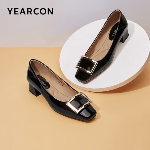Yierkan Square Toe Single Shoes Women's Fashion Versatile Thick Heels Fashion Small Leather Shoes Work Shoes 26718W Black 37