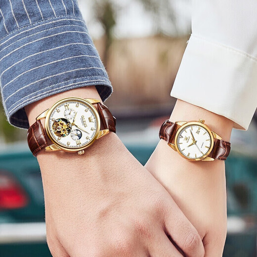 OLEVS Swiss certified brand couple watch fully automatic mechanical watch men and women watch luminous waterproof trendy couple watches upgraded enhanced version-3601+6629 brown leather white