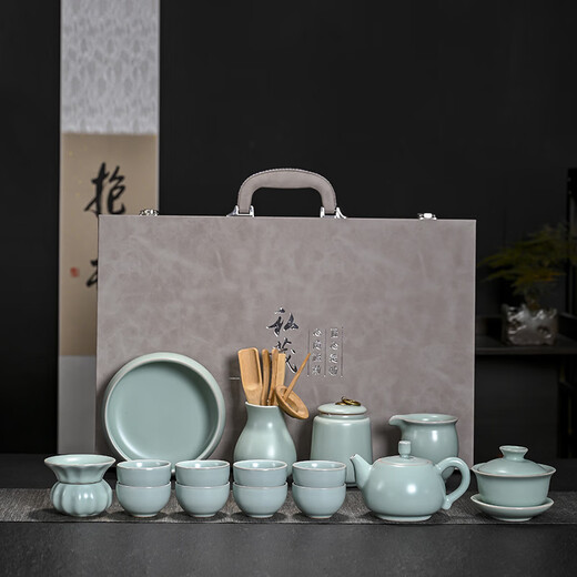 Jiangmingtang high-end Ru kiln Kung Fu tea set complete set with side handle teapot cover bowl azure handmade Ru porcelain opening piece practical for gift Yueying azure Ru kiln set - next day delivery 16 pieces