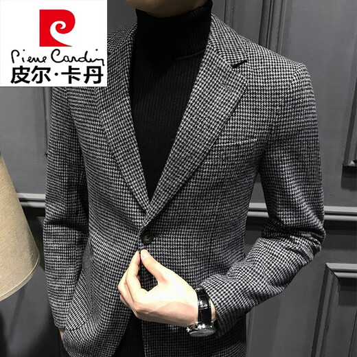 Pierre Cardin autumn houndstooth suit men's jacket men's casual single-piece plaid small suit single suit British men's fashion knitted dark gray 56/2XL