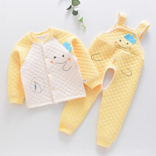 Xin Yueqing autumn and winter children's quilted thickened three-layer thermal underwear for boys and girls pure cotton suspenders thermal underwear set backpack bear blue suspender warm 90