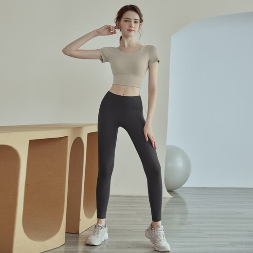 Yoga Girl Summer Yoga Wear Women's Suit with Padded Short Sleeve Sports Running Fitness Wear Pilates Pink Short Sleeve + Gray Pants M (95-115Jin Jin equals 0.5kg)