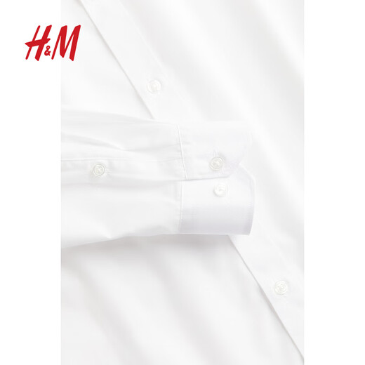 H&M男装衬衫夏季商务职业易熨烫修身通勤正装长袖衬衣上衣0976709 白色 S 170/92